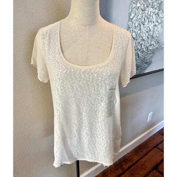 Calvin Klein Women Layered Silver Sequin Ivory Off White T-shirt Sz Medium NEW!! - Picture 2 of 12